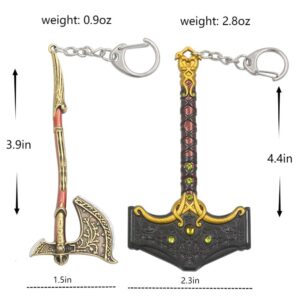 GOW Keychain Set - Leviathan Axe & Mjölnir(Thor) Charm - Cosplay Gifts for Men Women and Game Fans