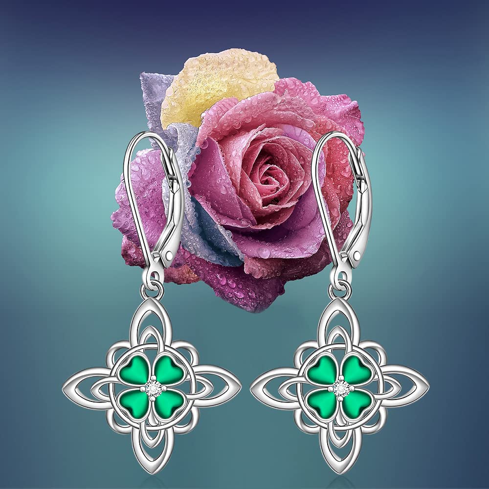 Shamrock Earrings for Women St Patrick’s Day Earrings Sterling Silver Celtic Knot Lucky Four Leaf Clover Green Emerald Irish Celtic Gifts