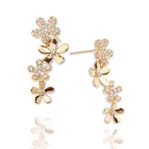 sonateomber small flower drop dangle earrings for women, cute sparkly rhinestone zirconia cz gold cascading daisy floral earrings piercing hypoallergenic stud fashion jewelry gift