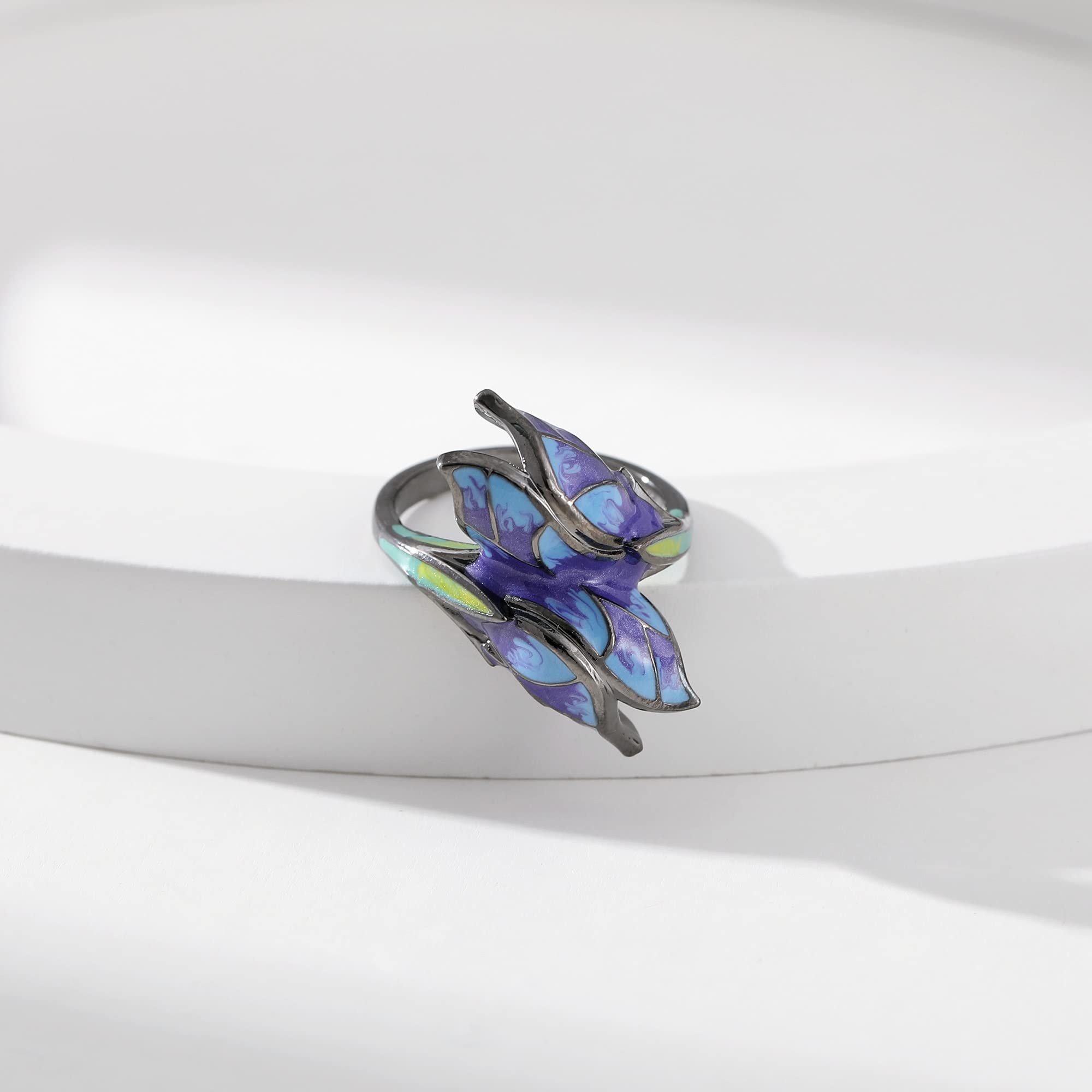 Black Gothic Butterfly Rings for Women - Enamel Copper Blue Flower Colorful Rings7