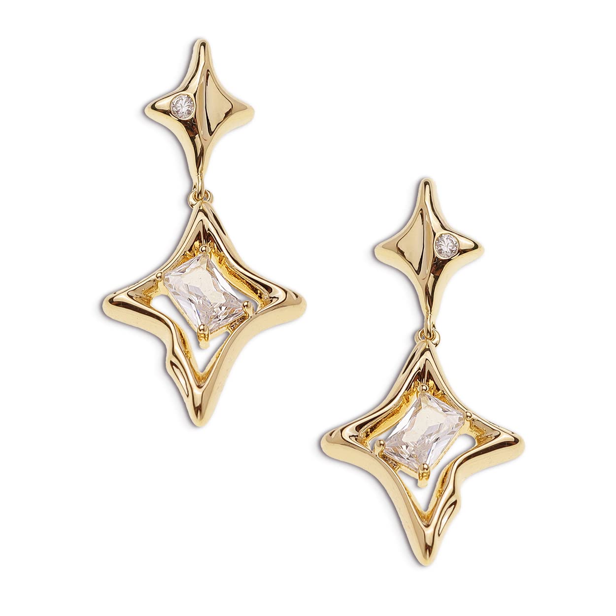 Sonateomber Gold Star Drop Dangle Earrings for Women Unique Sparkly Cubic Zirconia Crystal Four Pointed Star Dangling Hypoallergenic Stud Fashion Prom Jewelry Gifts