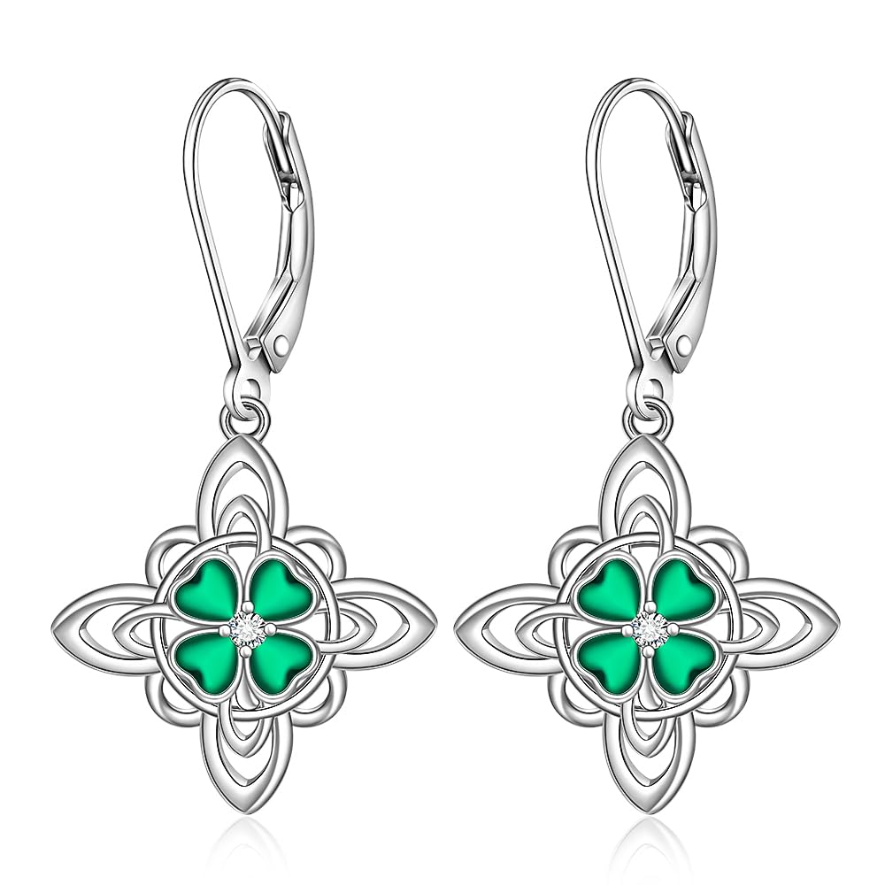 Shamrock Earrings for Women St Patrick’s Day Earrings Sterling Silver Celtic Knot Lucky Four Leaf Clover Green Emerald Irish Celtic Gifts