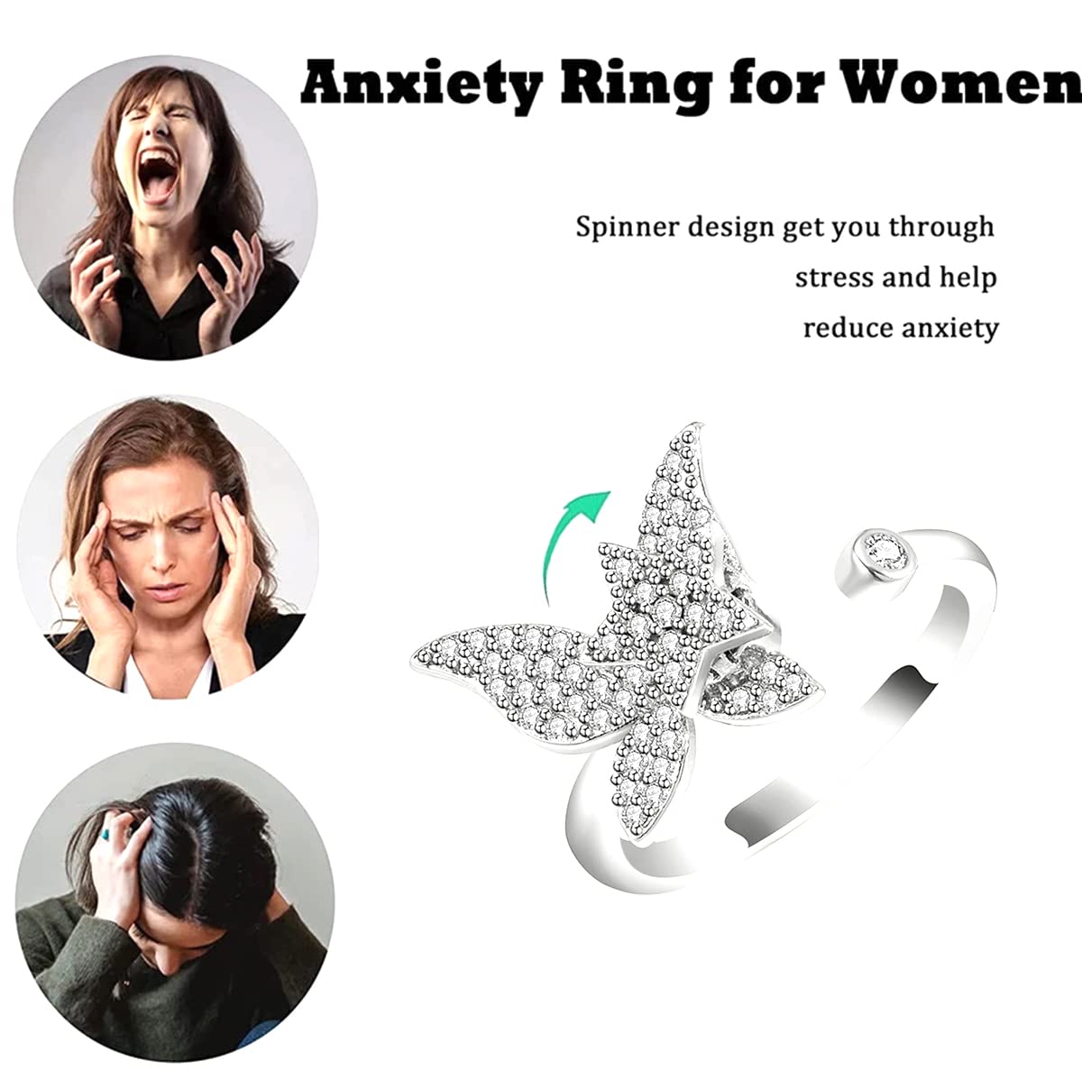 KEENL Anti Anxiety Ring for Women, Rotatable Bead Rings, Adjustable Open Finger Ring for Women Girls Stress Relief (White Butterfly)