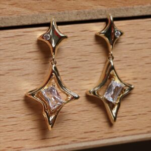 Sonateomber Gold Star Drop Dangle Earrings for Women Unique Sparkly Cubic Zirconia Crystal Four Pointed Star Dangling Hypoallergenic Stud Fashion Prom Jewelry Gifts