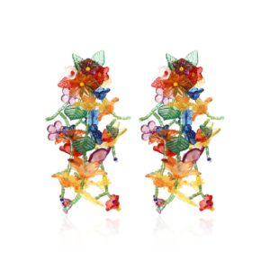 plant flower earrings for women, colorful flower tassel earrings,rainbow flower floral statement dangle earrings hypoallergenic, beaded flower leaf cluster drop earrings