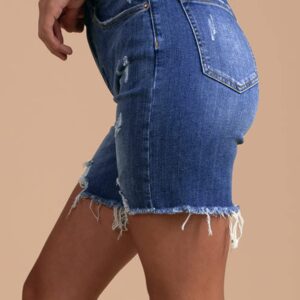 HUUSA Washed Short Jean Pants for Women Casual Spring High Waist Frayed Raw Denim Bermuda Shorts Mid Thigh Destroyed Ripped Jean Shorts with Pockets Dark Blue M