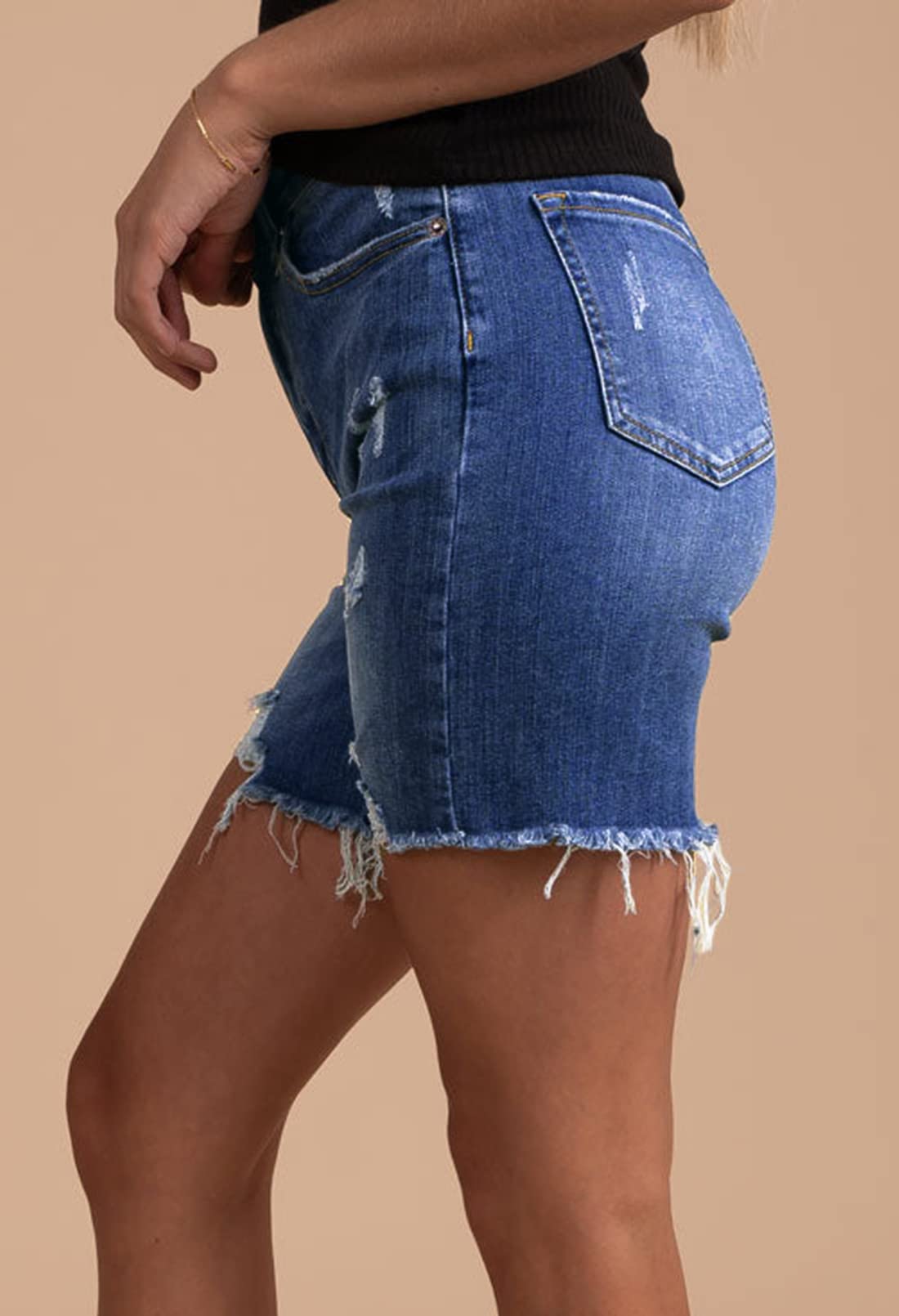 HUUSA Washed Short Jean Pants for Women Casual Spring High Waist Frayed Raw Denim Bermuda Shorts Mid Thigh Destroyed Ripped Jean Shorts with Pockets Dark Blue M