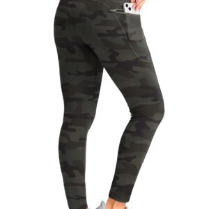 SANTINY Women's Fleece Lined Winter Leggings Water Resistant High Waisted Thermal Hiking Running Warm Pants Women Pockets(Green Camo_L)