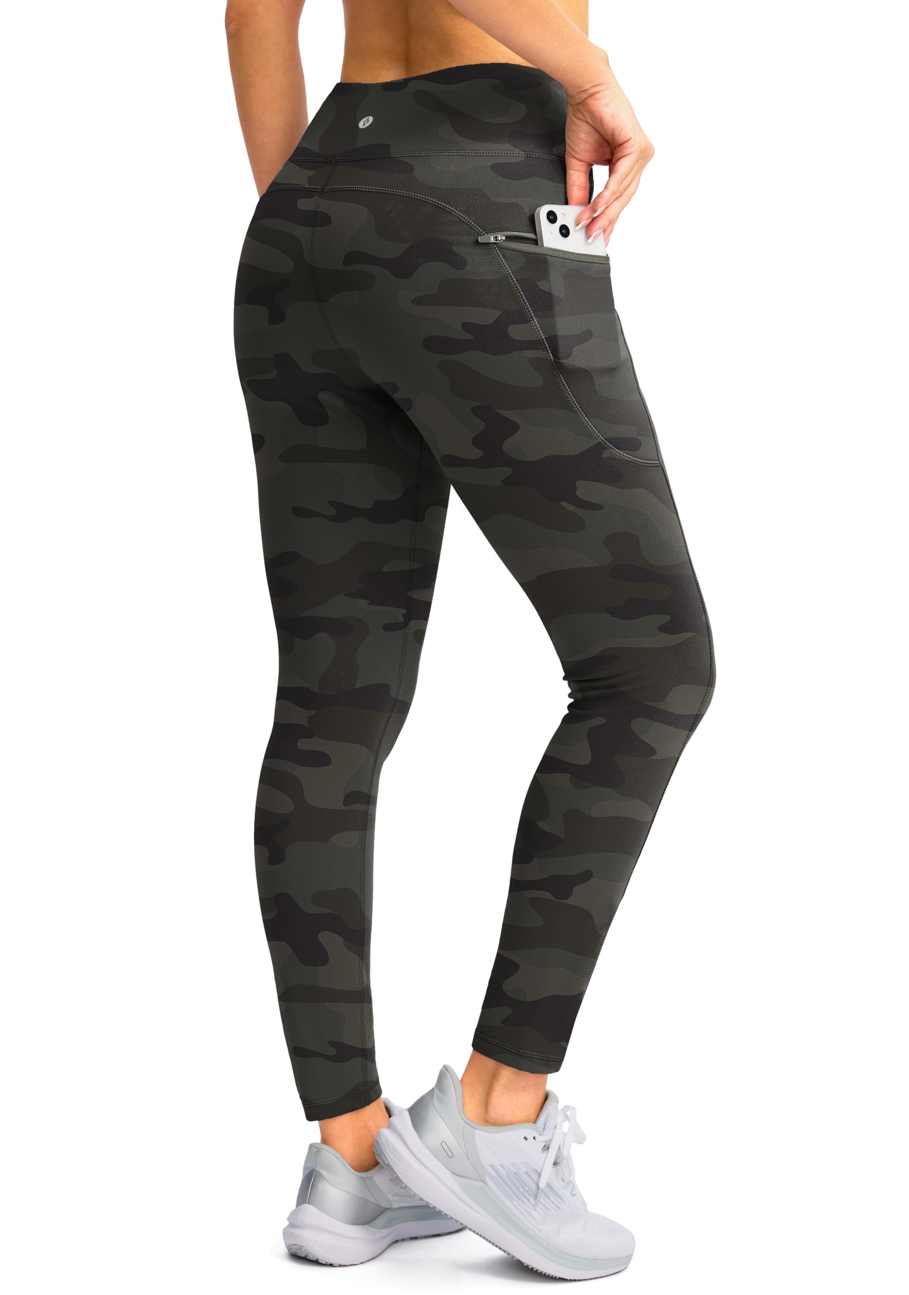 SANTINY Women's Fleece Lined Winter Leggings Water Resistant High Waisted Thermal Hiking Running Warm Pants Women Pockets(Green Camo_L)