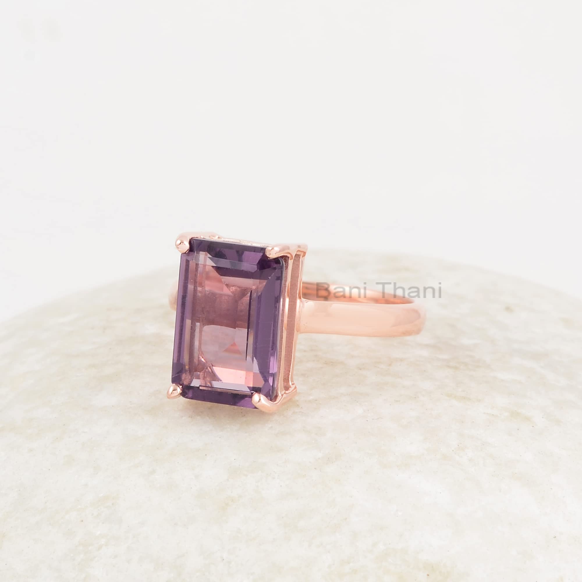 Bani Thani Jewelry Amethyst Quartz 8x12mm Rectangle Gemstone, Rose Gold Plated 925 Silver Ring, Handmade Amethyst Crystal Rings For Women (Silver, 9 US)