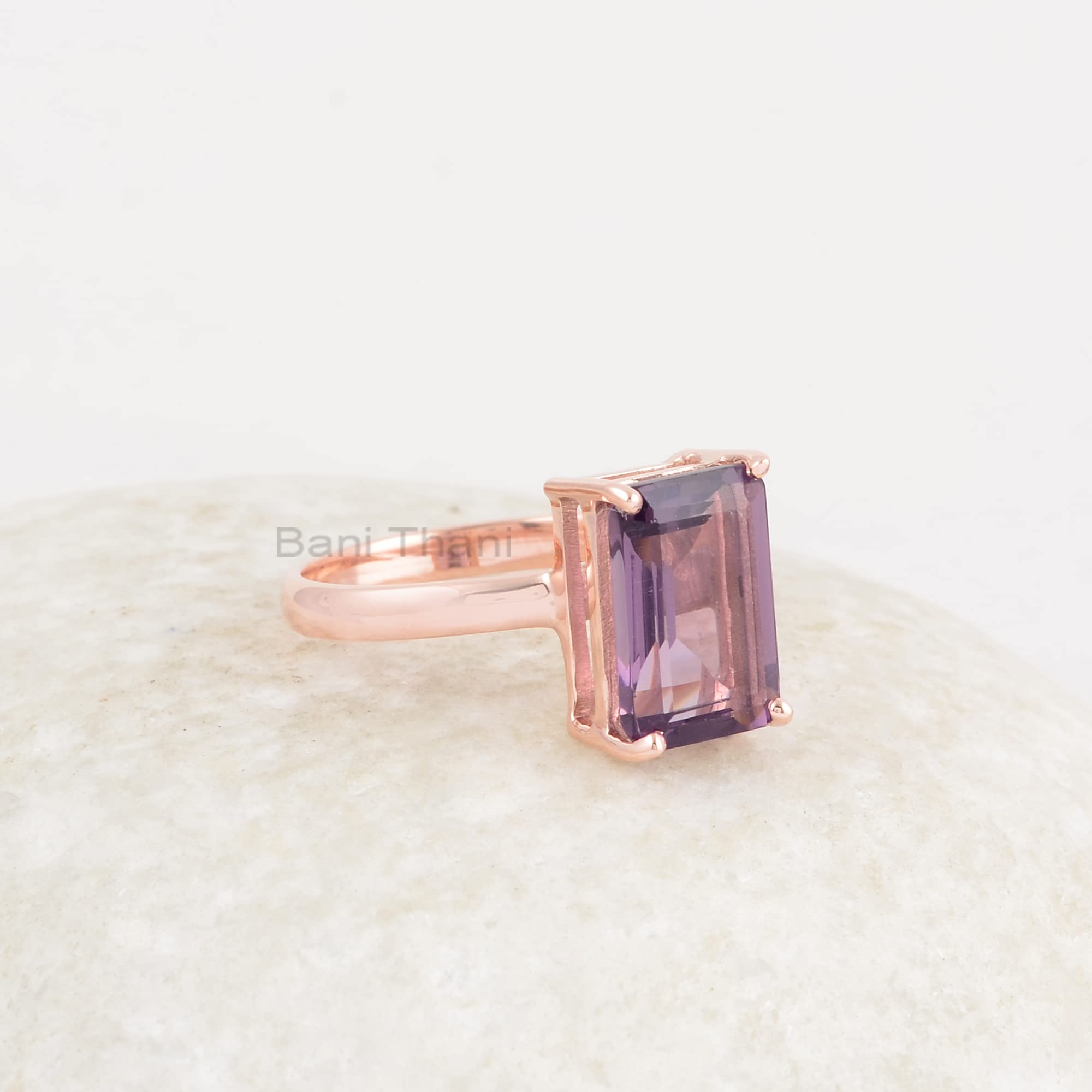 Bani Thani Jewelry Amethyst Quartz 8x12mm Rectangle Gemstone, Rose Gold Plated 925 Silver Ring, Handmade Amethyst Crystal Rings For Women (Silver, 9 US)