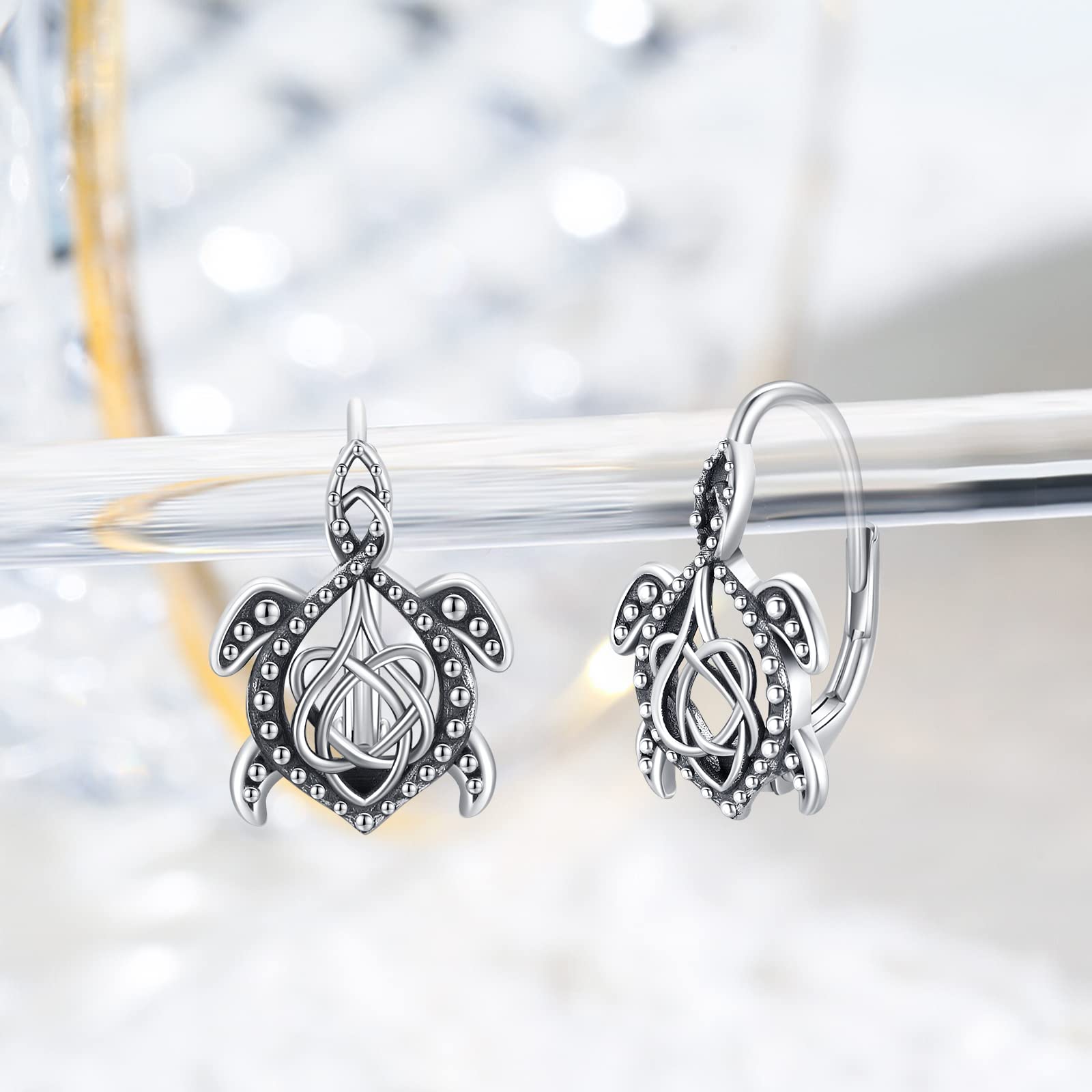 Turtle Earrings 925 Sterling Silver Celtic Turtle Leverback Hoop Earrings for Women Turtle Jewelry Irish Celtic Knot Earrings