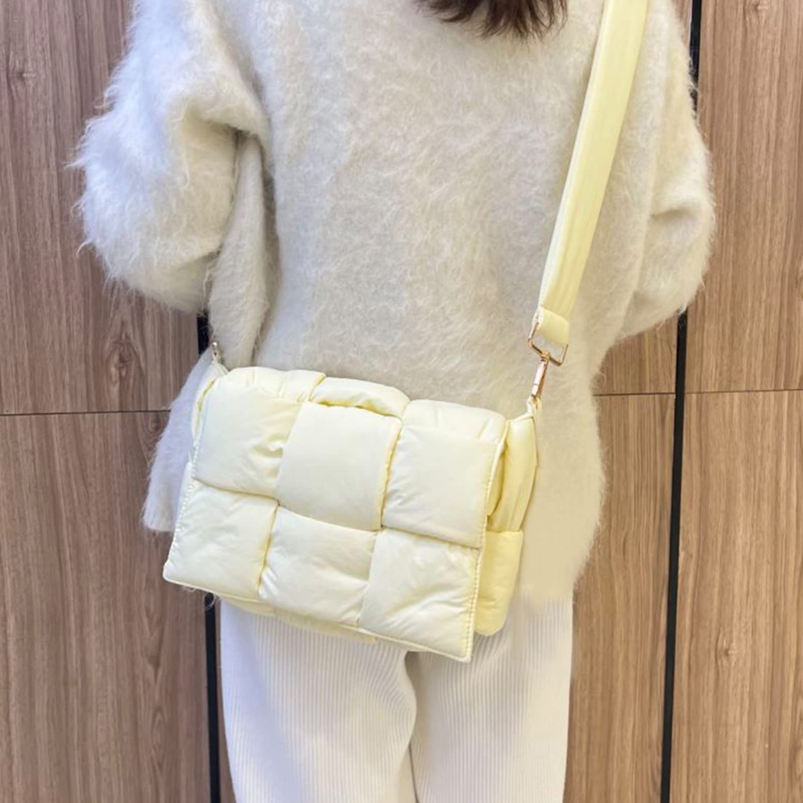 Women's shoulder bag puffer cassette purse hand woven down fabric cotton padded handbag (Light Yellow)