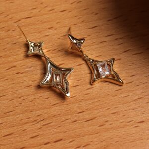 Sonateomber Gold Star Drop Dangle Earrings for Women Unique Sparkly Cubic Zirconia Crystal Four Pointed Star Dangling Hypoallergenic Stud Fashion Prom Jewelry Gifts