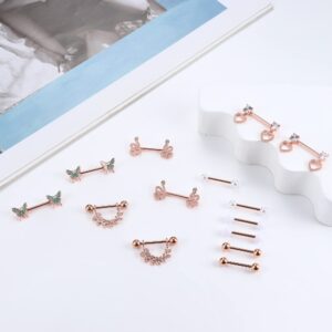 Besteel 𝟕 𝑷𝒂𝒊𝒓𝒔 Nipple Piercing Jewelry Stainless Surgical Steel Nipple Rings Set Cute CZ Ball Heart Butterfly Snake Tongue Belly Barbell Body Jewelry for Women 14G Rose Gold