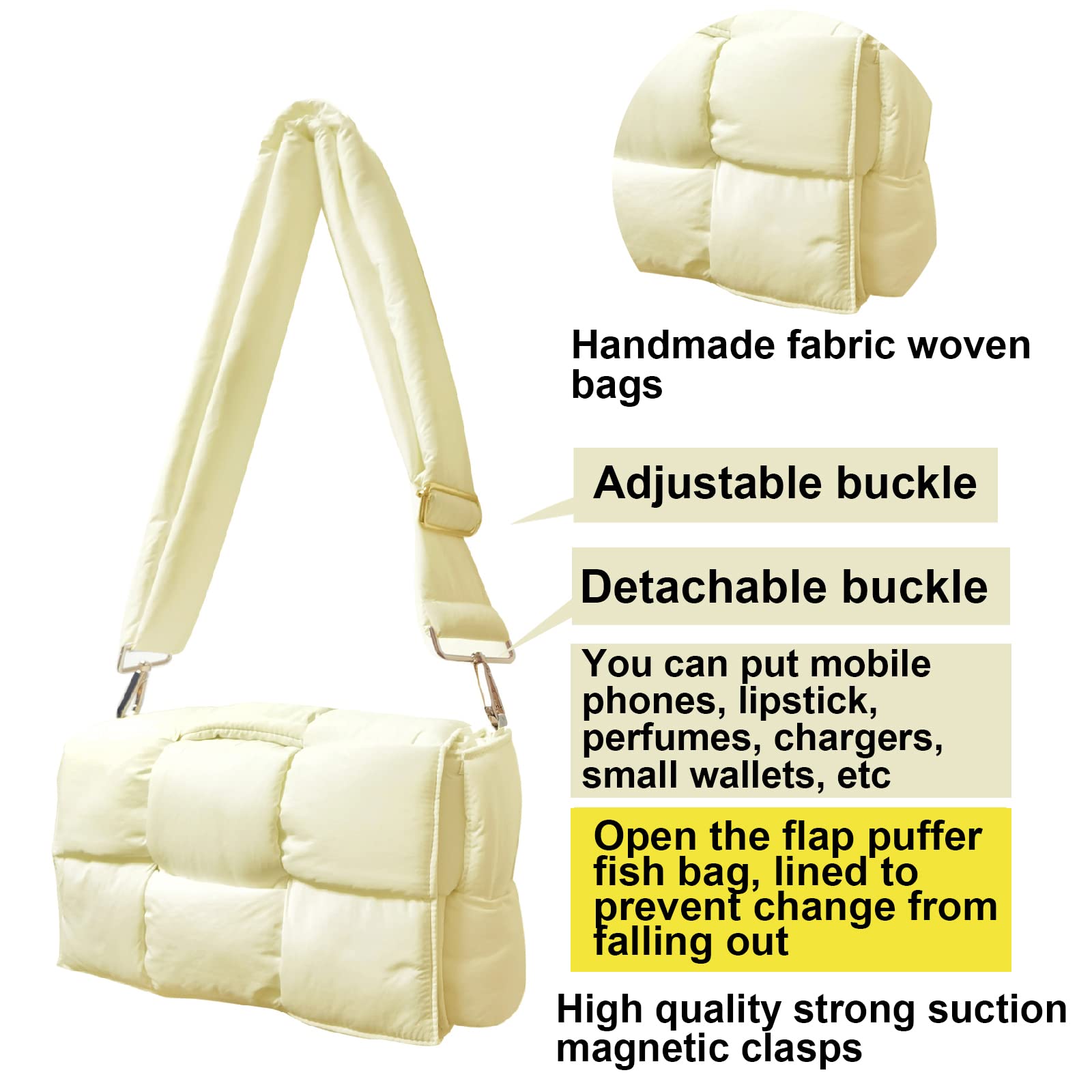 Women's shoulder bag puffer cassette purse hand woven down fabric cotton padded handbag (Light Yellow)