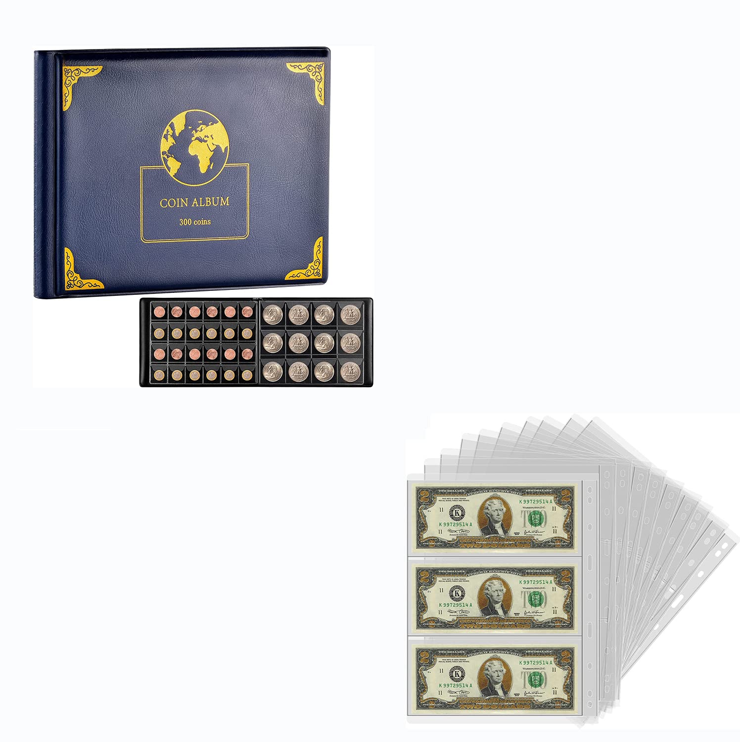 Coin Collection Supplies Holder Book for Collectors and 12 Sheets Money Binder Book Holder Page Protectors Bundle