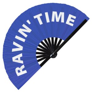 Ravin' Time Hand Fan Foldable Bamboo Circuit Hand Fan Funny Gag Slang Words Expressions Statement Gifts Festival Accessories Rave Handheld Circuit Event Fan Clack Fans (Blue)