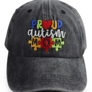 Autism Gifts for Mom, Proud Autism Mom Hat, Adjustable Washed Cotton Embroidered Puzzle Graphic Love Autistic Mama Baseball Cap, Autism Awareness Gifts for Women Mother Grandma Friends