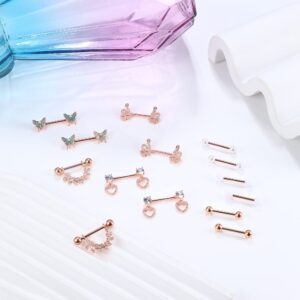 Besteel 𝟕 𝑷𝒂𝒊𝒓𝒔 Nipple Piercing Jewelry Stainless Surgical Steel Nipple Rings Set Cute CZ Ball Heart Butterfly Snake Tongue Belly Barbell Body Jewelry for Women 14G Rose Gold