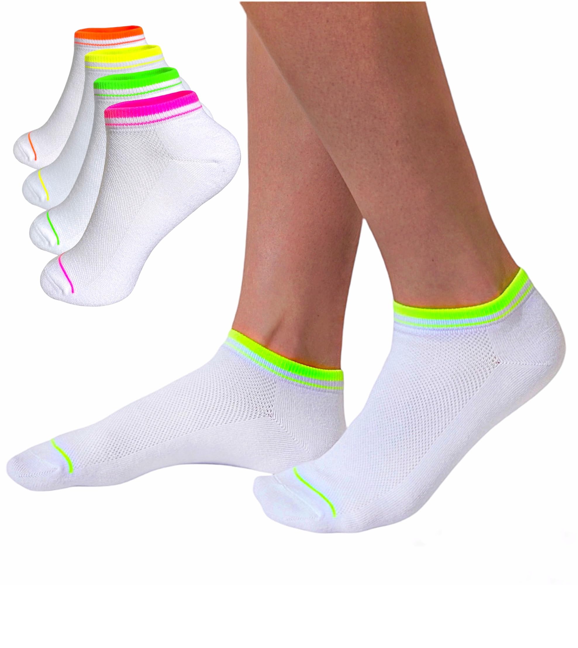 AzovSea White Thin Cotton Socks Ankle Women's Socks with Neon Stripes - Athletic Running socks Golf Gym socks 4-10 US size