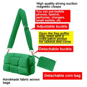 NAARIIAN puffer woven shoulder bag padded cassette handbag with coins organizer nylon light weight women crossbody purse(Green)