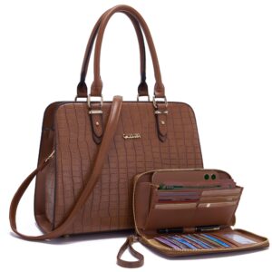 Qiyuer Women Satchel Top Handle Bag Wallet Purse,Purses Work Tote Bags Set 2pcs Brown