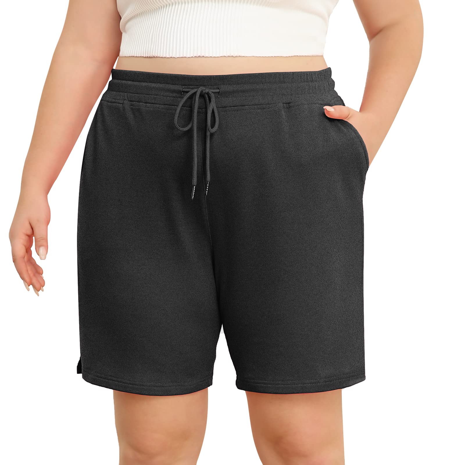 COOTRY Plus Size Shorts for Women Quick Dry Elastic Waist Drawstring Pockets Lounge Workout Athletic Running Shorts 10‘’ Dark Grey XX-Large