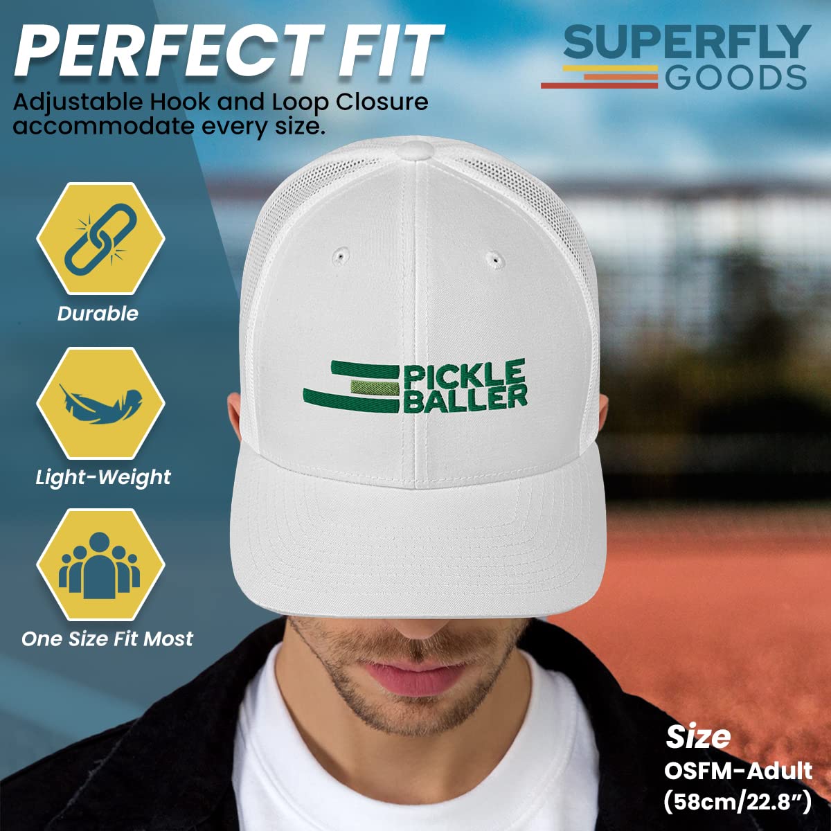 Super Fly Goods Retro Pickleball Hat Pickleball Gifts Pickleball Accessories Pickle Ball Hats for Men and Women (White Trucker Hat)