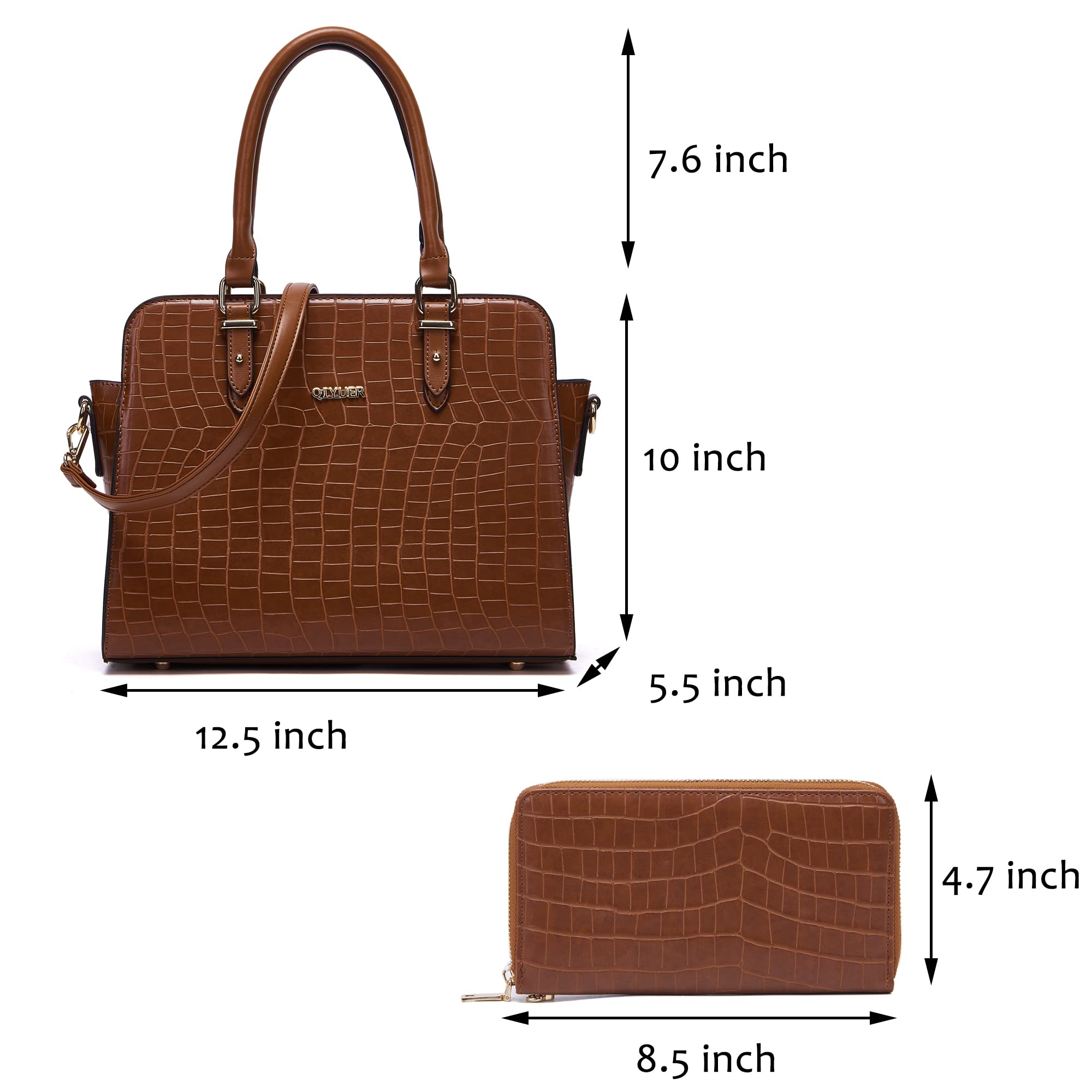 Qiyuer Women Satchel Top Handle Bag Wallet Purse,Purses Work Tote Bags Set 2pcs Brown