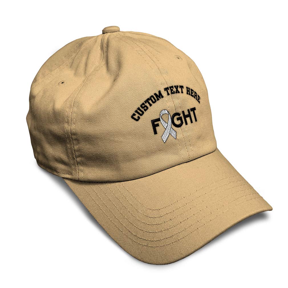 Custom Soft Baseball Cap Cancer White Ribbon Fight Embroidery Cancer Fight Twill Cotton Dad Hats for Men & Women Khaki Personalized Text Here