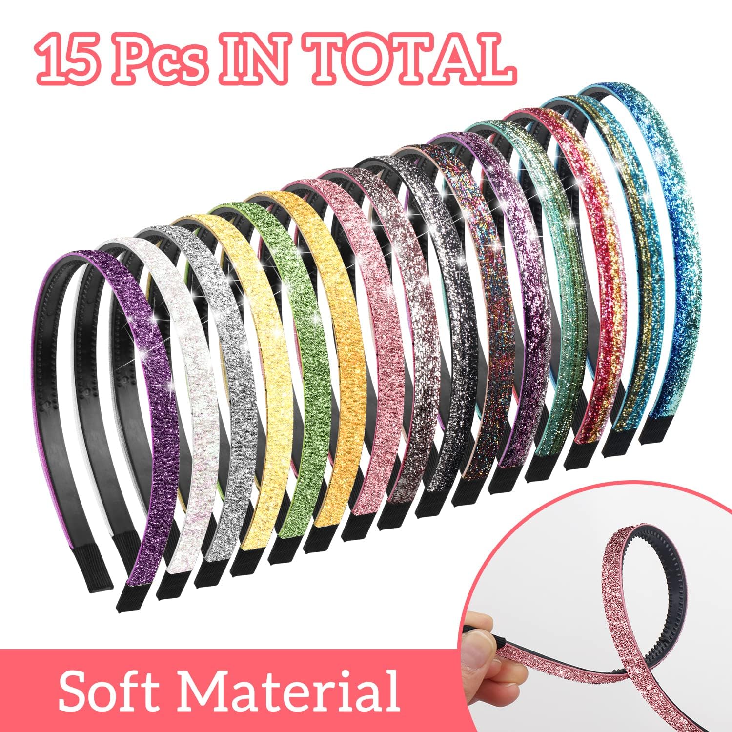 YONOY 15 Colors Sparkle Plastic Headbands For Girls,Glitter Thin Head Bands No Slip Fashion Girls Hard Toddler Hairbands