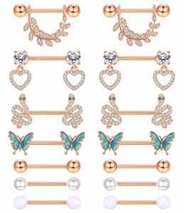 besteel 𝟕 𝑷𝒂𝒊𝒓𝒔 nipple piercing jewelry stainless surgical steel nipple rings set cute cz ball heart butterfly snake tongue belly barbell body jewelry for women 14g rose gold