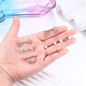 Besteel 𝟕 𝑷𝒂𝒊𝒓𝒔 Nipple Piercing Jewelry Stainless Surgical Steel Nipple Rings Set Cute CZ Ball Heart Butterfly Snake Tongue Belly Barbell Body Jewelry for Women 14G Rose Gold