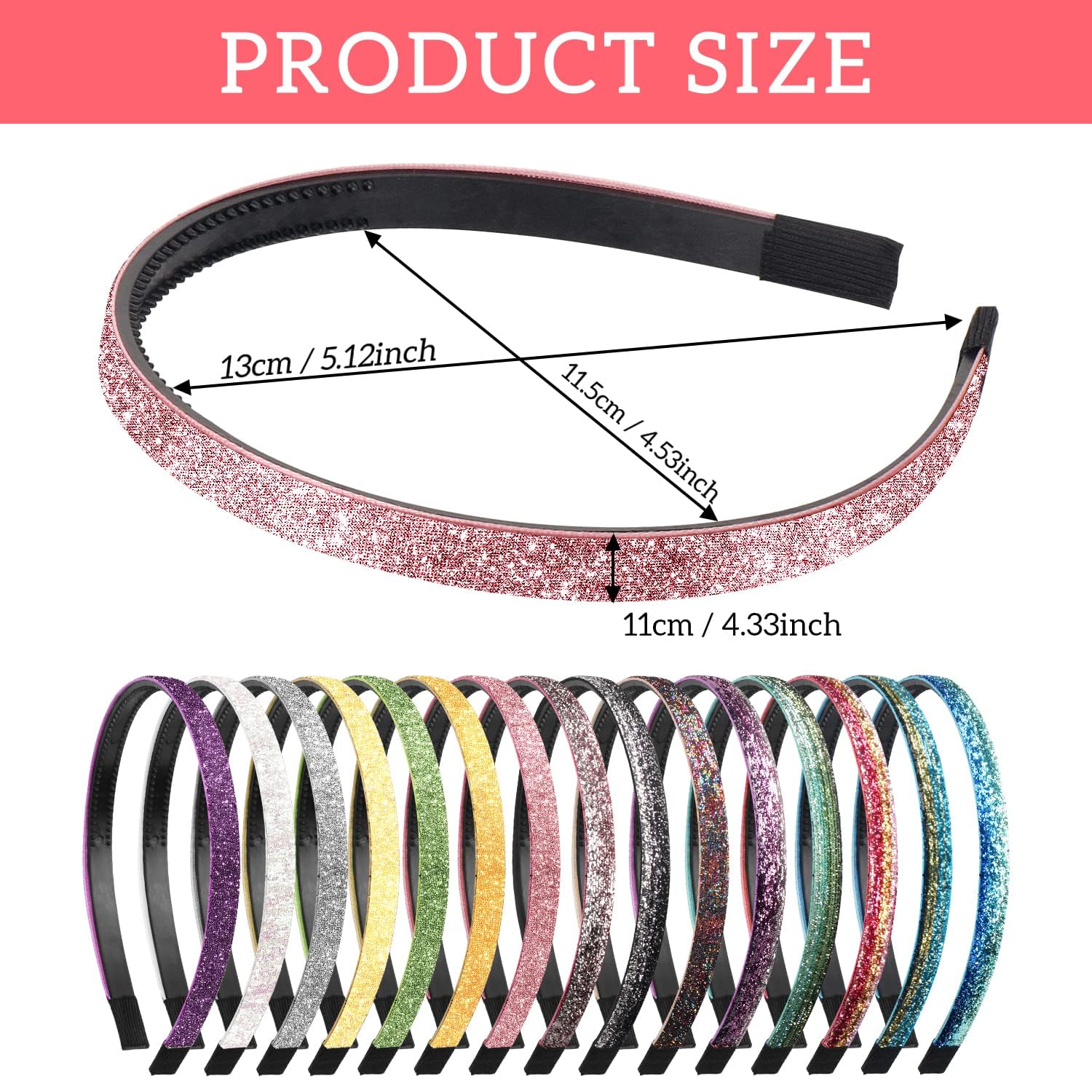 YONOY 15 Colors Sparkle Plastic Headbands For Girls,Glitter Thin Head Bands No Slip Fashion Girls Hard Toddler Hairbands