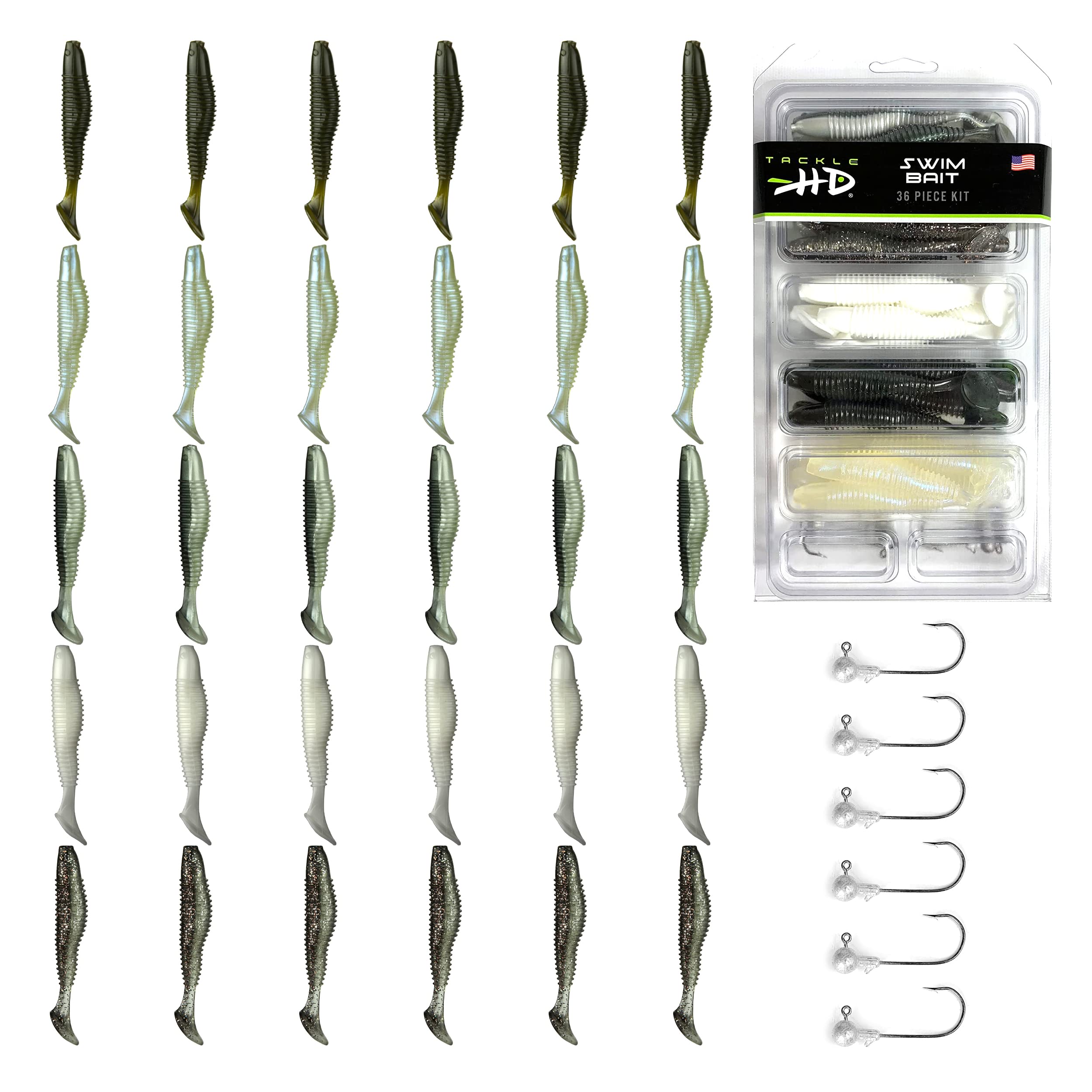 Tackle HD Swim Bait 36-Piece Bass Fishing Soft Plastic Lure Kit with Jig Heads