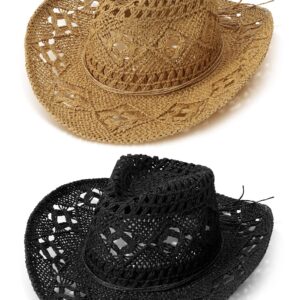 Didaey 2 Pcs Woven Straw Cowboy Hat for Women Wide Brim Cowgirl Hat Western Cowboy Hat Men Women Straw Hat for Hiking Fishing (Black, Khaki)