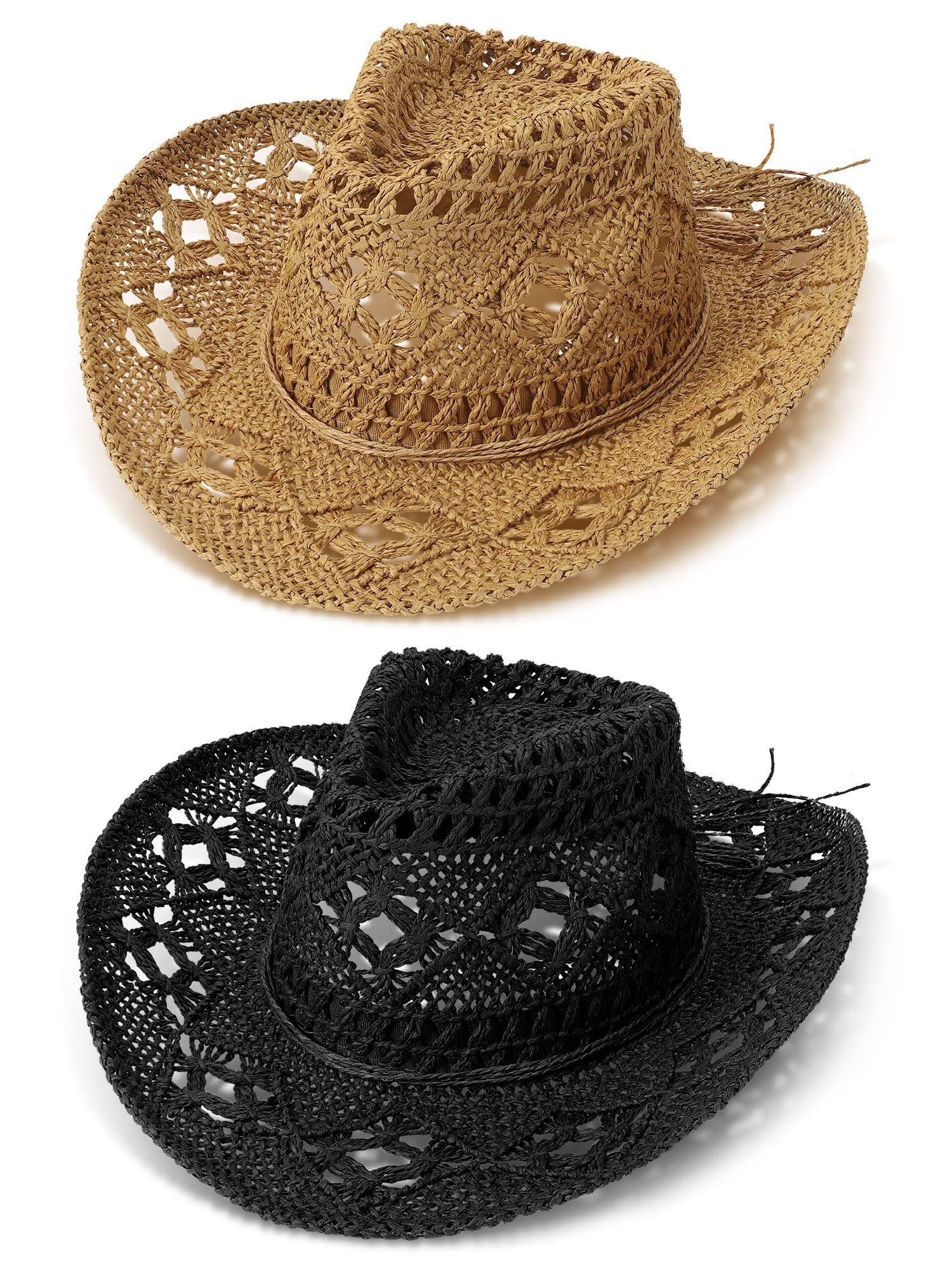 Didaey 2 Pcs Woven Straw Cowboy Hat for Women Wide Brim Cowgirl Hat Western Cowboy Hat Men Women Straw Hat for Hiking Fishing (Black, Khaki)