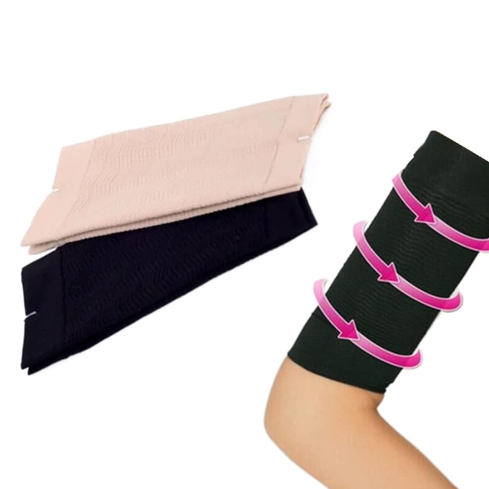 Jilukibo 2 Pairs Slim Compression Arm Sleeves, Elastic Arm Wrap Sleeve Fitness Trainers Arm Shapers for Women Weight Loss Sport (Black, Beige)