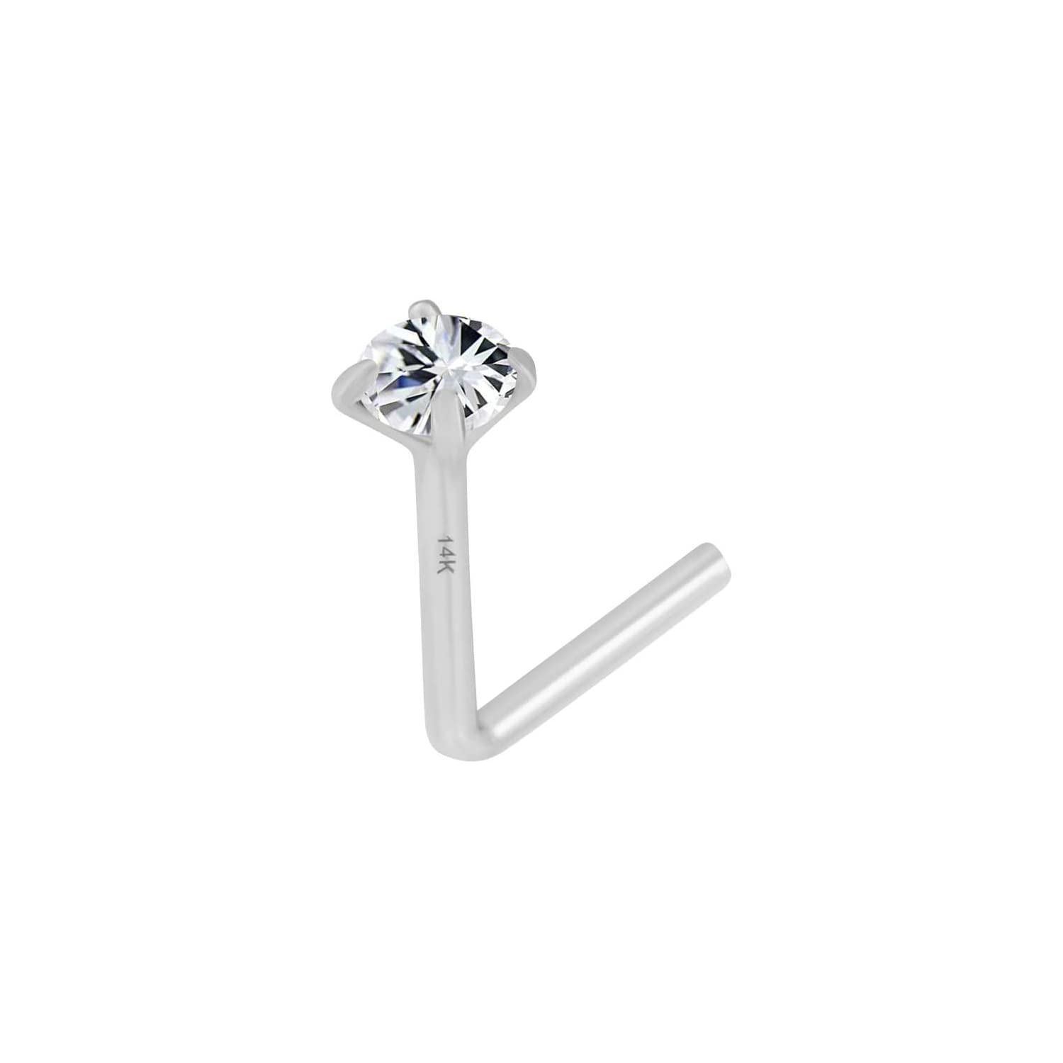 14K Solid White Gold, L Shape Diamond Nose Stud, Micro Nose, Screw Nose Stud, Body Jewelry White Gold (2.00 ml Natural Diamond)