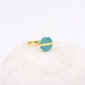 Tibetan Turquoise 12mm Round Gemstone 18k Gold Plated 925 Silver Ring Jewelry for Lover - Gift For Her (Gold Plated, 9 US)