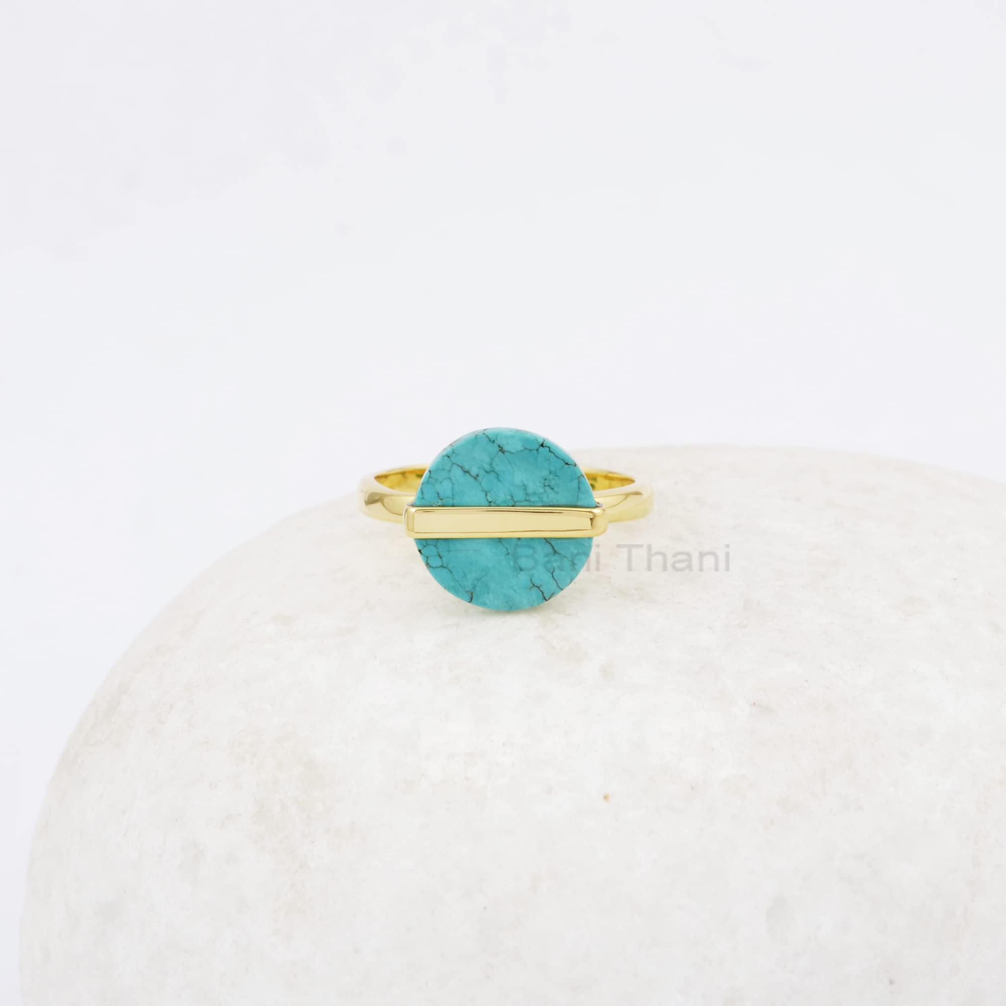 Tibetan Turquoise 12mm Round Gemstone 18k Gold Plated 925 Silver Ring Jewelry for Lover - Gift For Her (Gold Plated, 9 US)