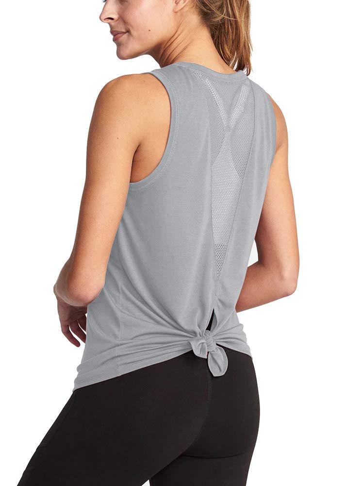 Bestisun Workout Tank Tops for Women Tie Back Workout Tank Mesh Muscle Tank Mesh Athletic Gym Sports Yoga Shirts Gray XL