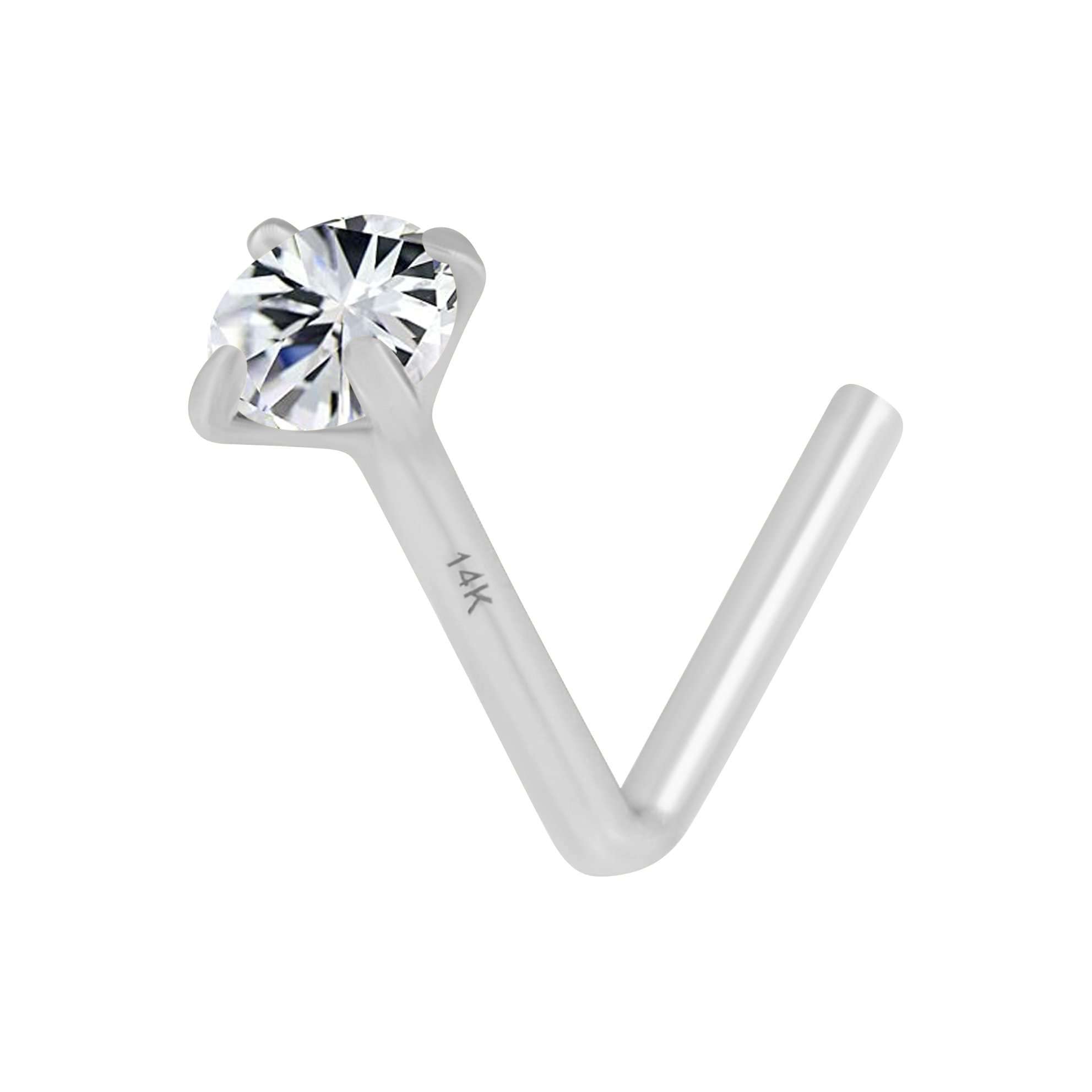 14K Solid White Gold, L Shape Diamond Nose Stud, Micro Nose, Screw Nose Stud, Body Jewelry White Gold (2.00 ml Natural Diamond)