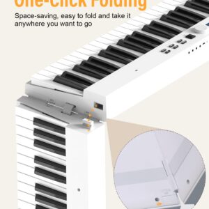 KONIX Folding Piano Keyboard, 88 Keys Full Size Semi-Weighted Foldable Piano, Portable Electronic Keyboard Piano with Light Up Keys, Sustain Pedal, Keyboard Stickers, Music Stand and Piano Bag, White