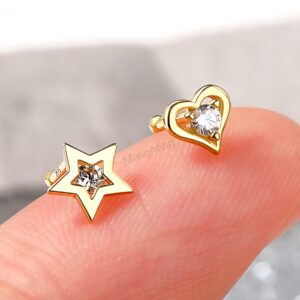 MeIighting 14K Solid Gold Nose Stud 20G Heart Nose Rings Clear Round CZ Nose Piercing Jewelry for Women Men Real Gold