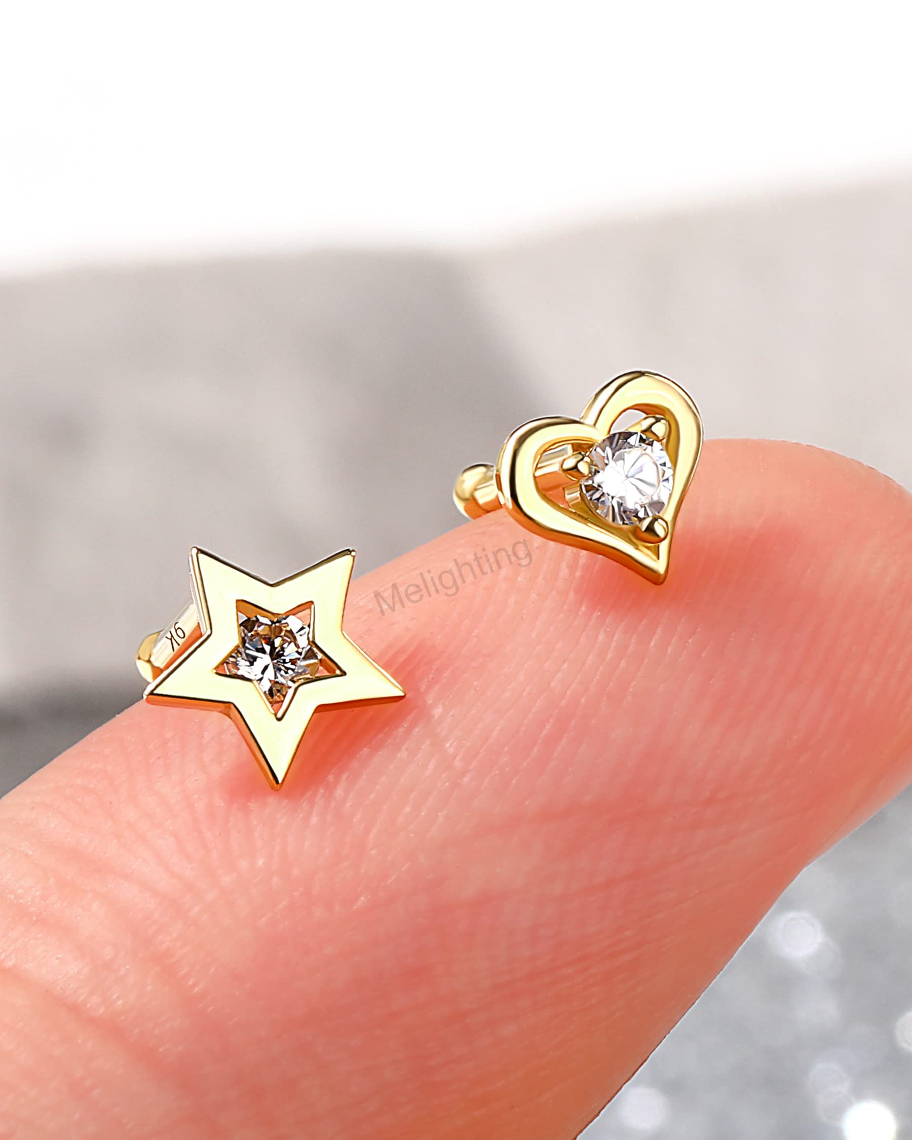 MeIighting 14K Solid Gold Nose Stud 20G Heart Nose Rings Clear Round CZ Nose Piercing Jewelry for Women Men Real Gold