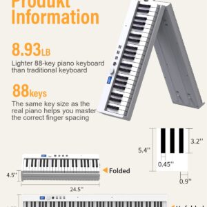 KONIX Folding Piano Keyboard, 88 Keys Full Size Semi-Weighted Foldable Piano, Portable Electronic Keyboard Piano with Light Up Keys, Sustain Pedal, Keyboard Stickers, Music Stand and Piano Bag, White