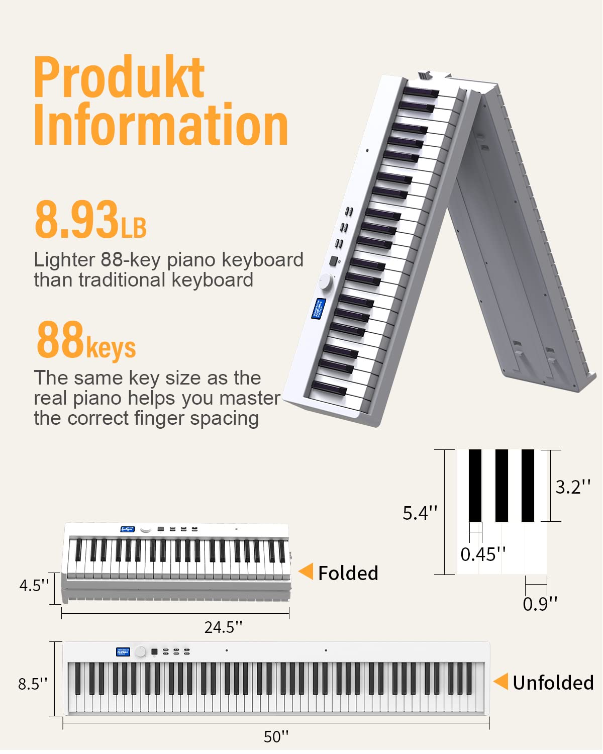 KONIX Folding Piano Keyboard, 88 Keys Full Size Semi-Weighted Foldable Piano, Portable Electronic Keyboard Piano with Light Up Keys, Sustain Pedal, Keyboard Stickers, Music Stand and Piano Bag, White