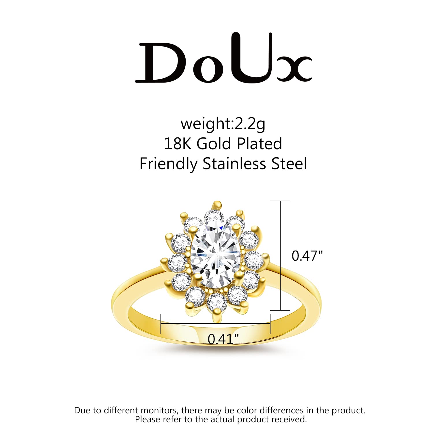 DOUX CZ Wedding Band for Women Oval Bridal Rings 18K Gold Plated Stainless Steel Cubic Zirconia Promise Engagement For Women 6